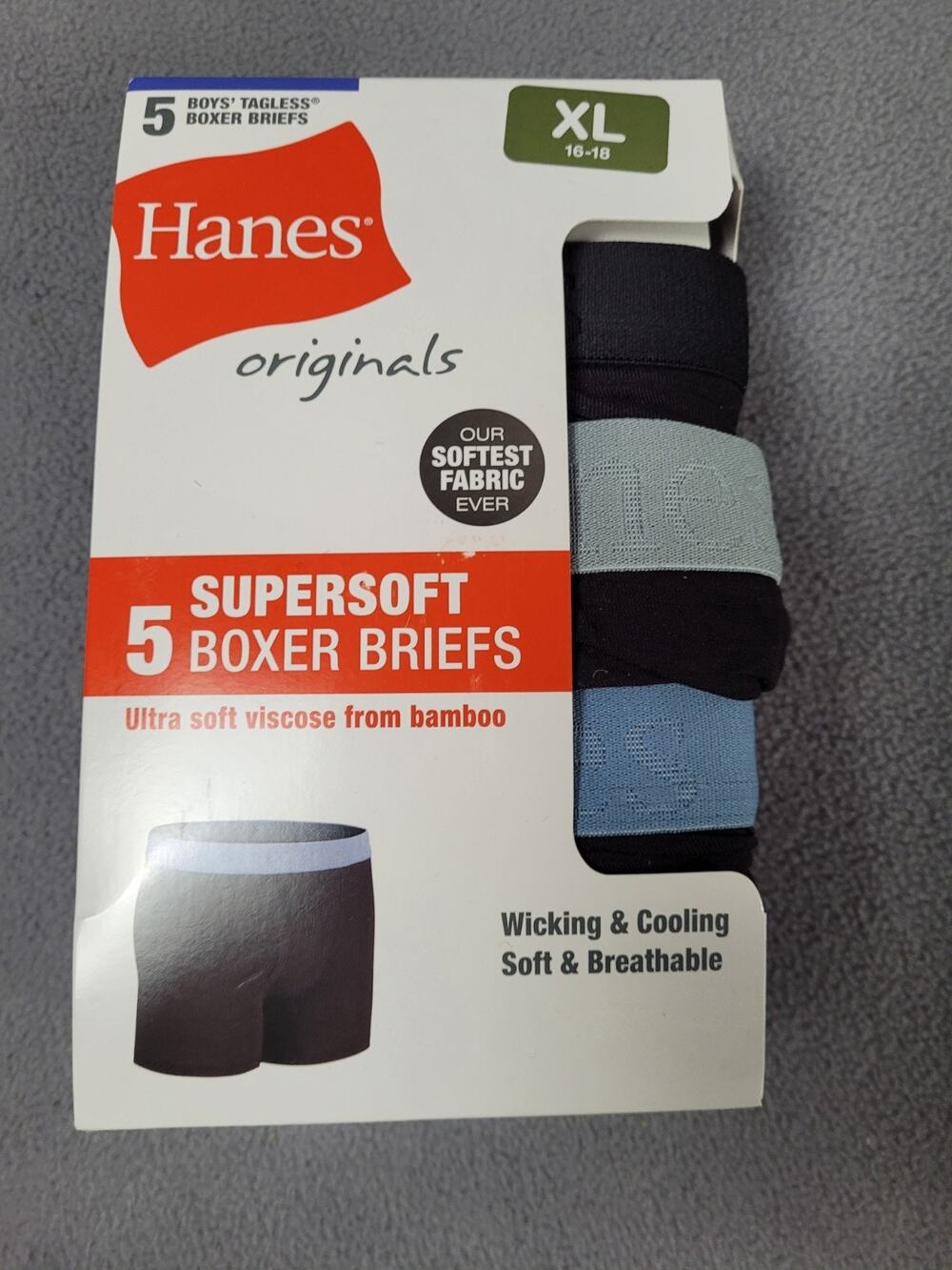 Hanes Originals Boys XL 16-18 Supersoft Bamboo Boxer Briefs 5-Pack